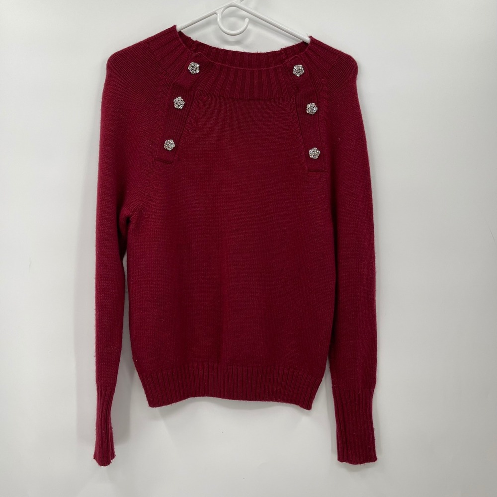 J.Crew Womens Red Sweater Rhinestone‎ Button Lambs Wool Blend Knit Pullover